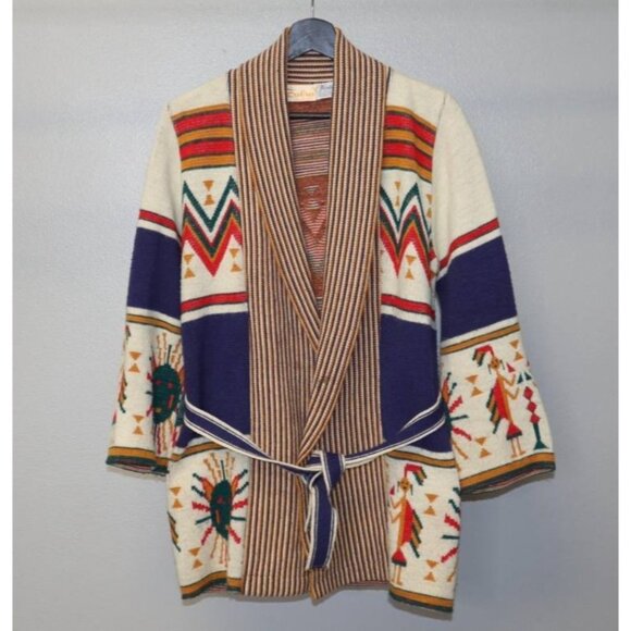 Vintage 1970s Wintuk Sabra Southwest Cardigan Women's S Belted Geometric - Picture 1 of 7